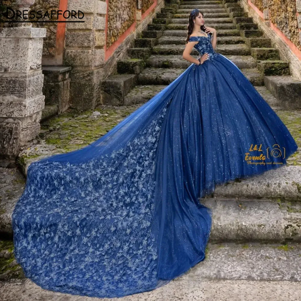 Luxious Royal Blue Appliques Off The Shoulder Quinceanera abiti ragazze Ball Gown Sweet 16 abiti compleanno