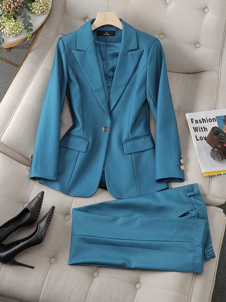 Blazer e pantalone formale da donna completo da donna viola blu giacca pantaloni da lavoro femminile da lavoro Set da 2 pezzi