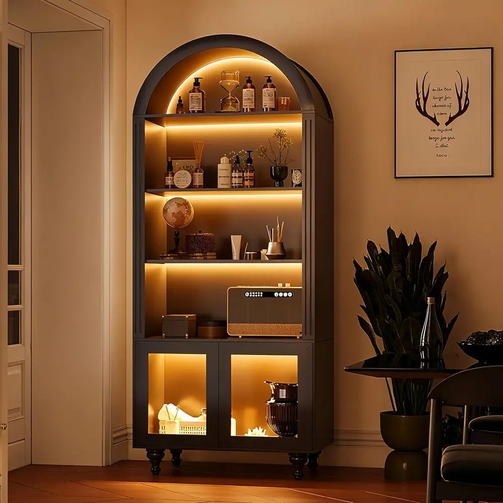 

5-Tier Arched Wooden Bookshelf - Large Storage Cabinet for Home Office, Living Room, and Kitchen (Black)