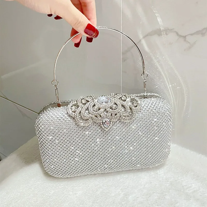 Luxury Rhinestone Flower Clutch Handbag Crystal Crown Clasp Women Evening Purse with Top Handle Wedding Bridal Party Diamond Bag