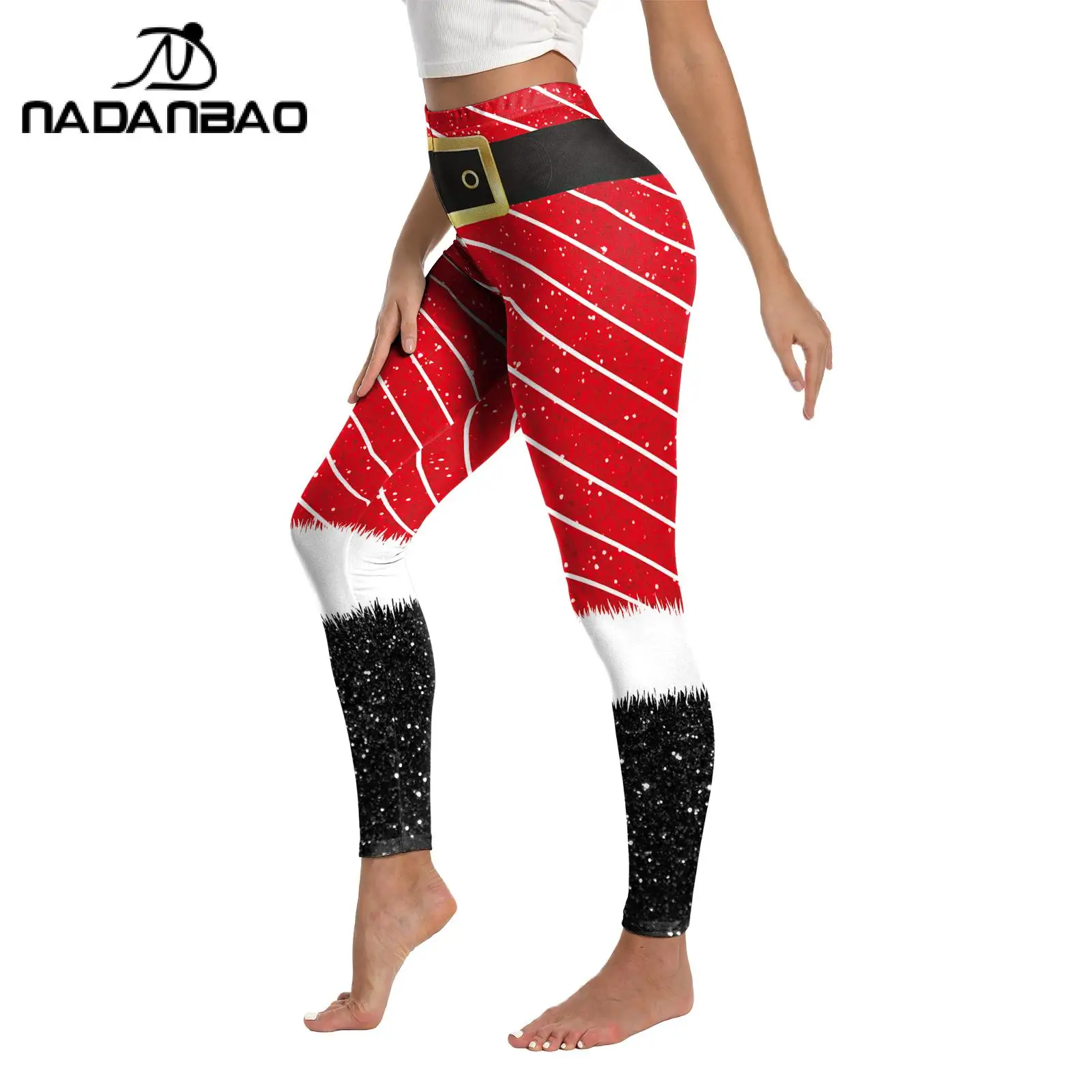 NADANBAO Elf Christmas Leggings Women Fake Shorts Stockings Pattern Xmas Pants Sexy Tights Workout Trousers Holiday Party Gifts