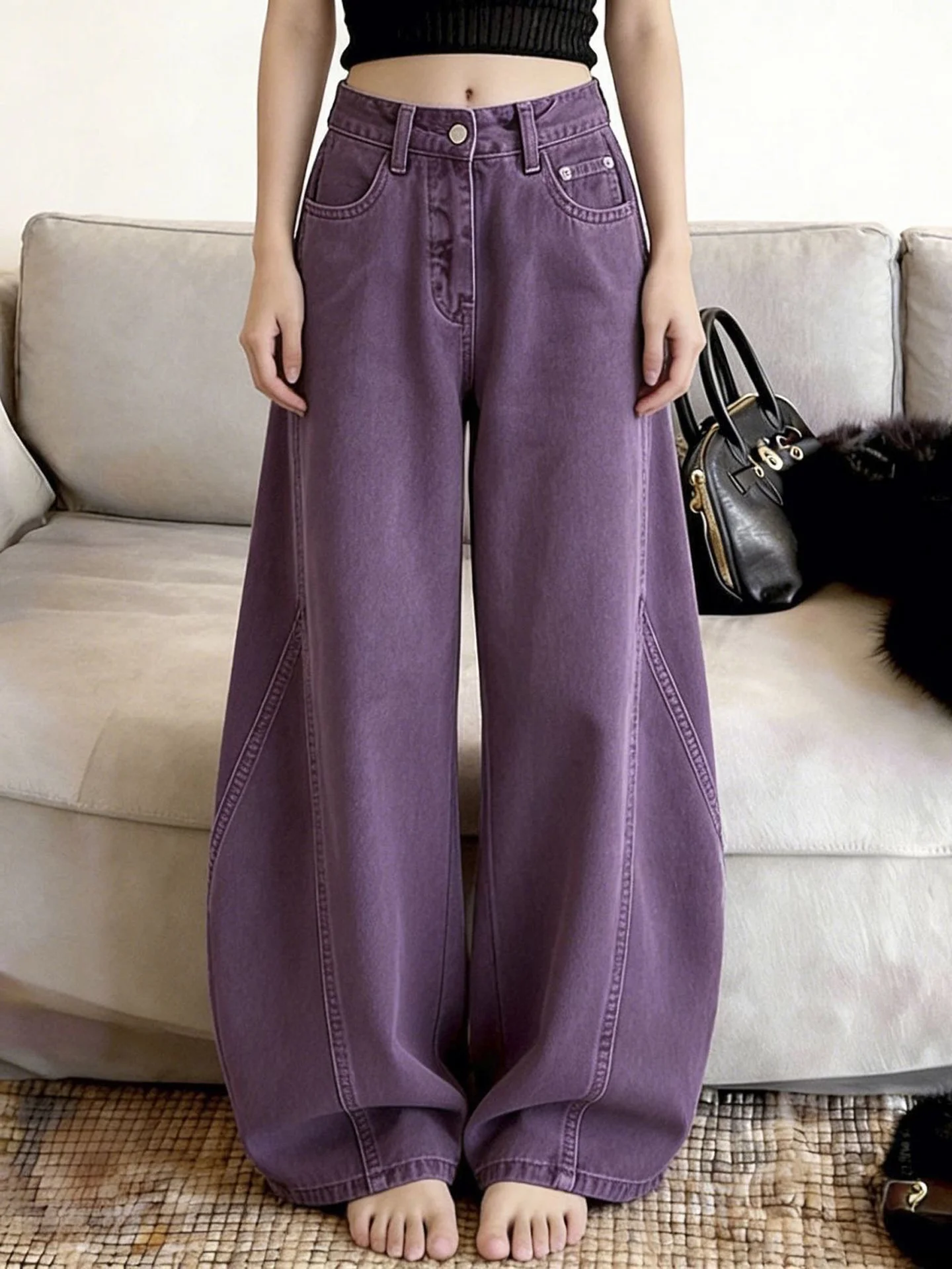 American Style Loose Fit Purple Denim Jeans Women's Fall 2026 New Straight Leg Knife  Pants Slimming Trendy Streetwear