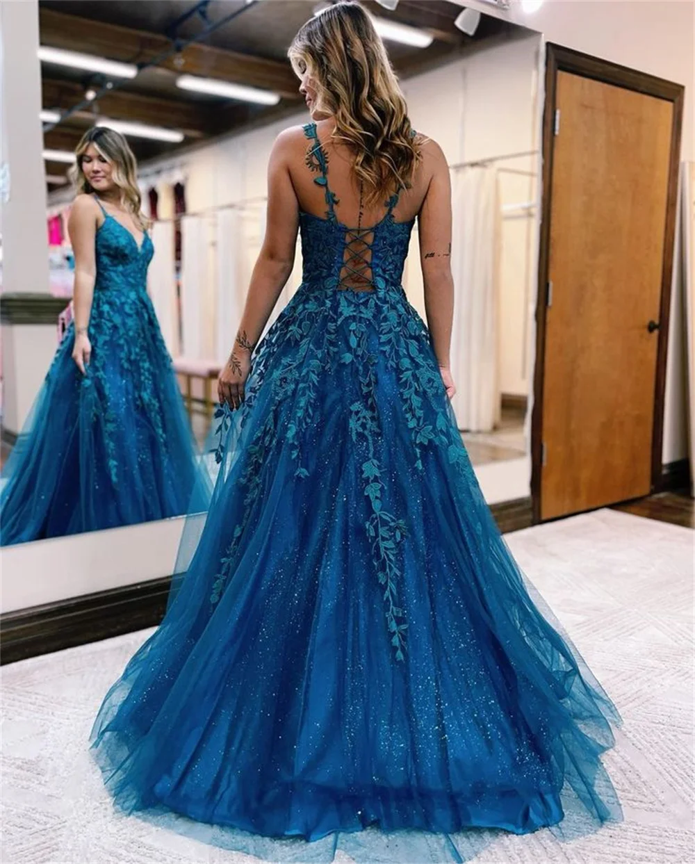 Cathy Grace Dark Blue Vestidos De Noche Boho Lace Spaghetti Strap Prom Dress Customized Sexy A-line 2024 Tulle فساتين السهرة