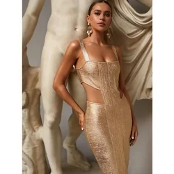 Women's Sexy Backless Hollow Out Midi Gold Silver Bronzing Bodycon Bandage Dress 2024 Summer Elegant Evening Club Party Dress