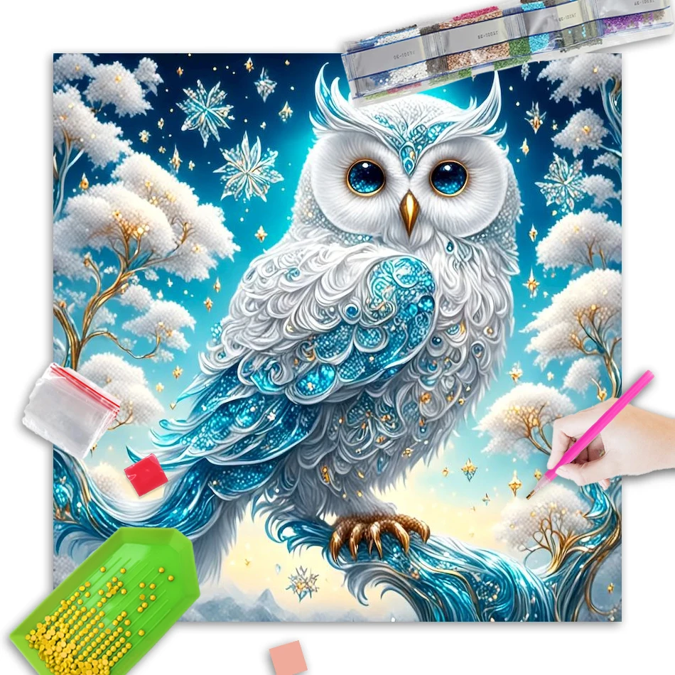 

GATYZTORY Full Square Round Diamond Painting Owl Animal Picture Rhinestones Embroidery Flower New 2025 Mosaic Wall Art