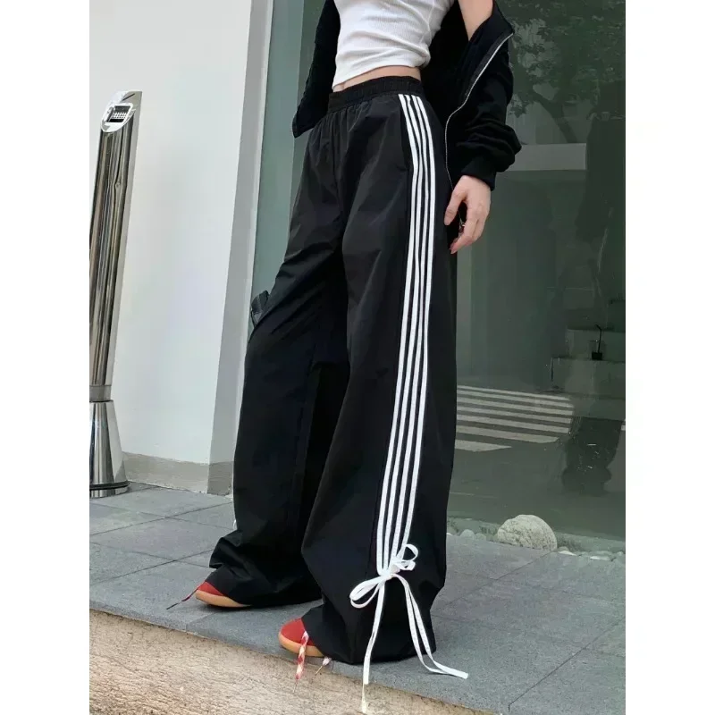 QWEEK Black Stripe Sport Sweatpants Women Autumn Oversized Baggy Harajuku Fashion Casual Joggers Pants Streetwear Korean Style