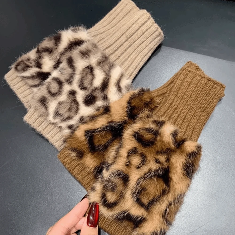 Fashion Soft Leopard Print Gloves Hands Free Thick Fingerless Gloves Winter Thermal Gloves For Women