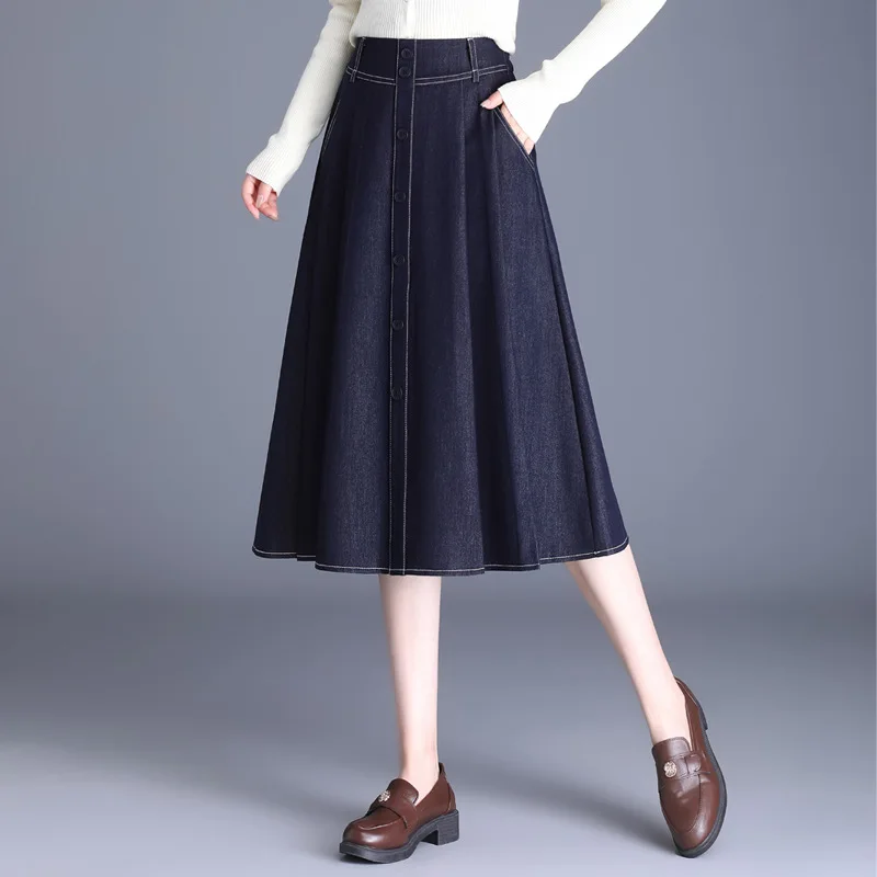 ZUZK Denim A Line Casual Skirt Women's Pleated Skirt Spring New Temperament Commuter Slimming Big Swing MIDI Skirt Saia Midi
