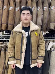 2025 Winter Fashion Men's Genuine Leather Sheepskin Lambskin Shearling Coat Pilot Bomber Jacket Real Wool Liner Plus Big Sized