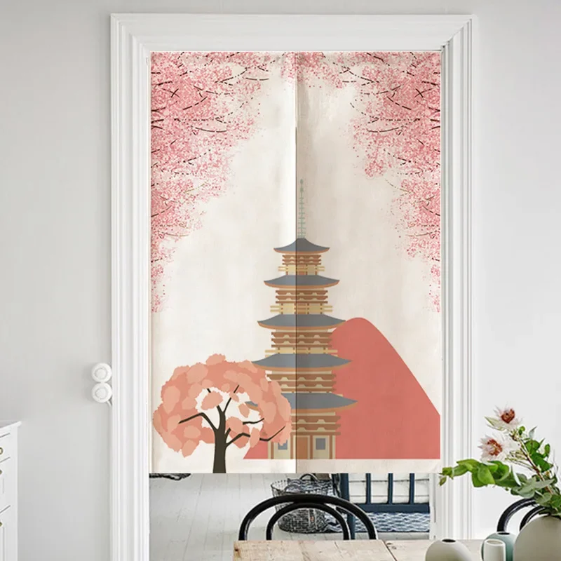 Cherry Blossoms Tower Japanese Doorway Curtain Linen Hanging Curtains Feng Shui Decoration Kitchen Bedroom Short Door Curtains