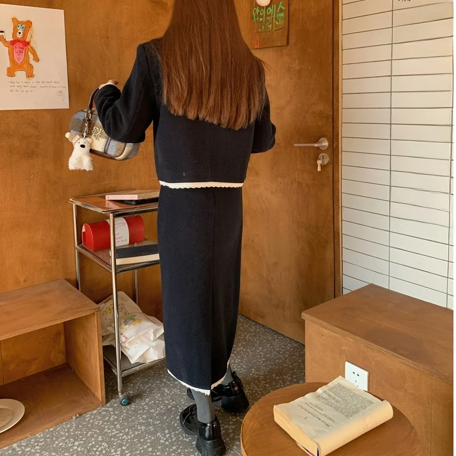 Chic Winter Outfit for Women Cotton Woolen Coat with Lace Trim Elastic Waist Midi Skirt Doll Collar Two Piece Set Chinese Brand