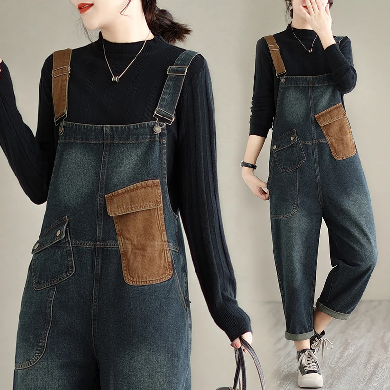 

Aricaca M-2XL Fashion Denim Jumpsuits Women Vintage Loose Patchwork Color Denim Overalls