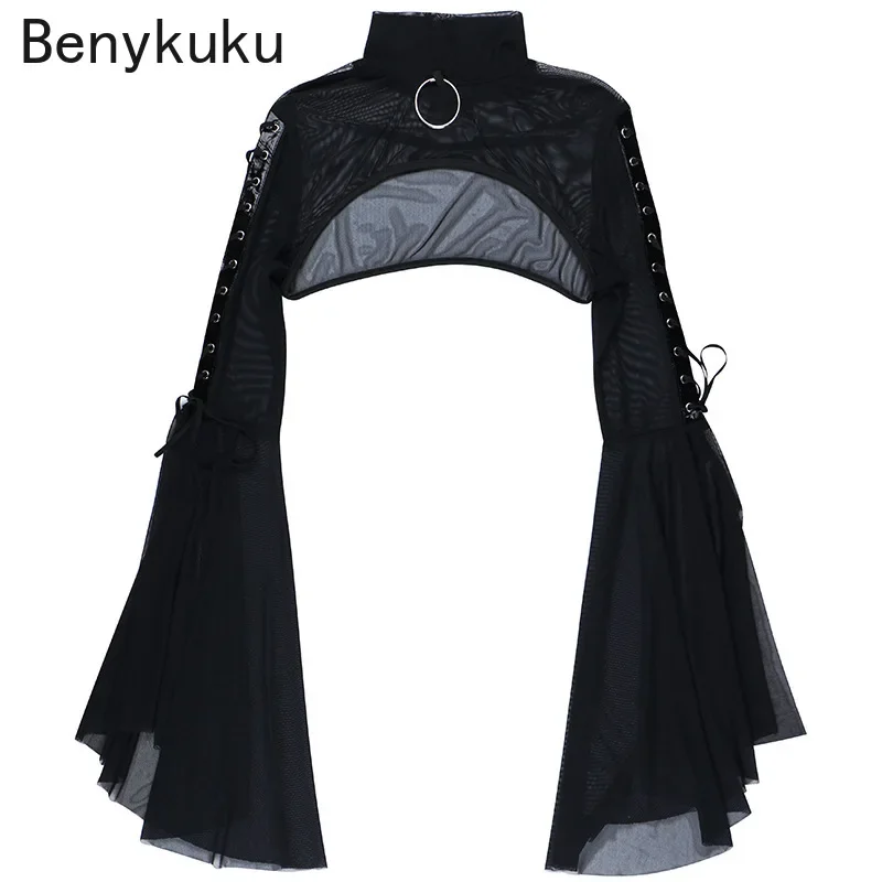 

Gothic Punk Flare Sleeve Jacket Rave Party Cosplay Outfit See-through Mesh Shrug Mock Neck O Ring Lace-up Tops Clubwear Crop Top