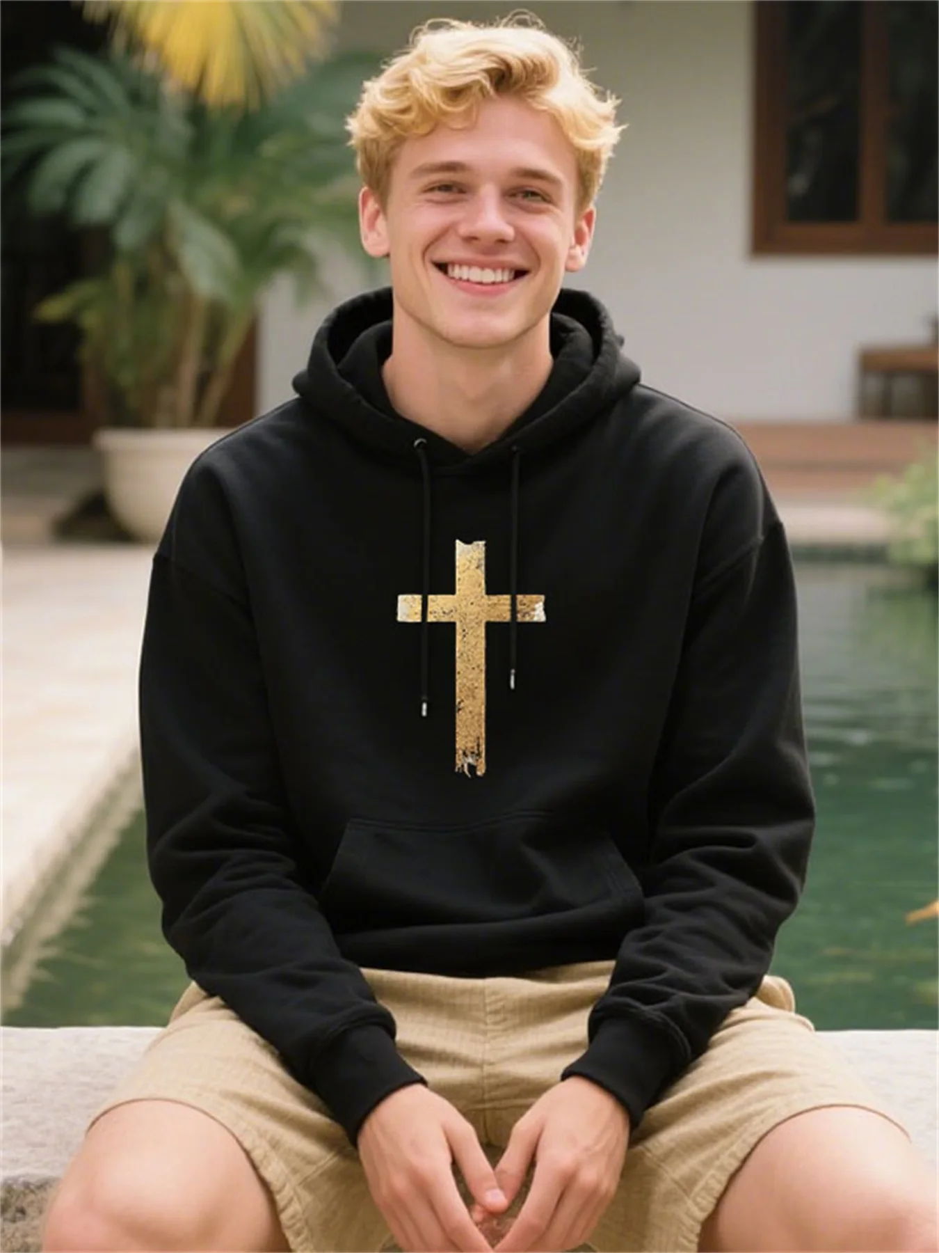 

Neutral Soft Cotton Hoodie With Golden Cross Print, Comfortable Birthday Gift