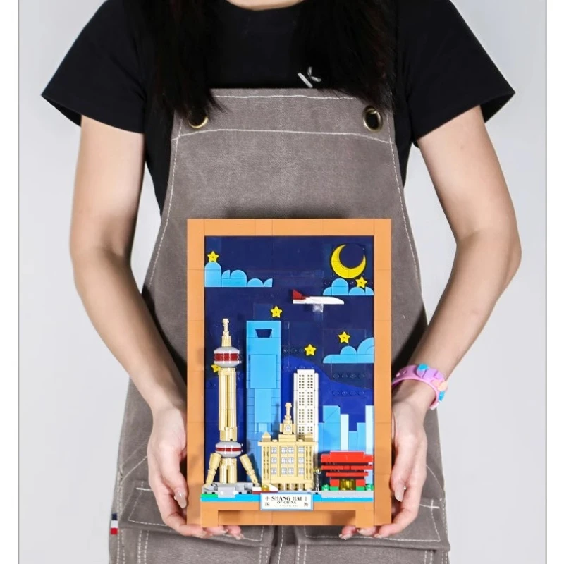 SEMBO 上海市ポストカードビルディングブロック子供向けトレンディプレイ組み立てビルディングデスクトップクリエイティブオーナメントおもちゃギフト