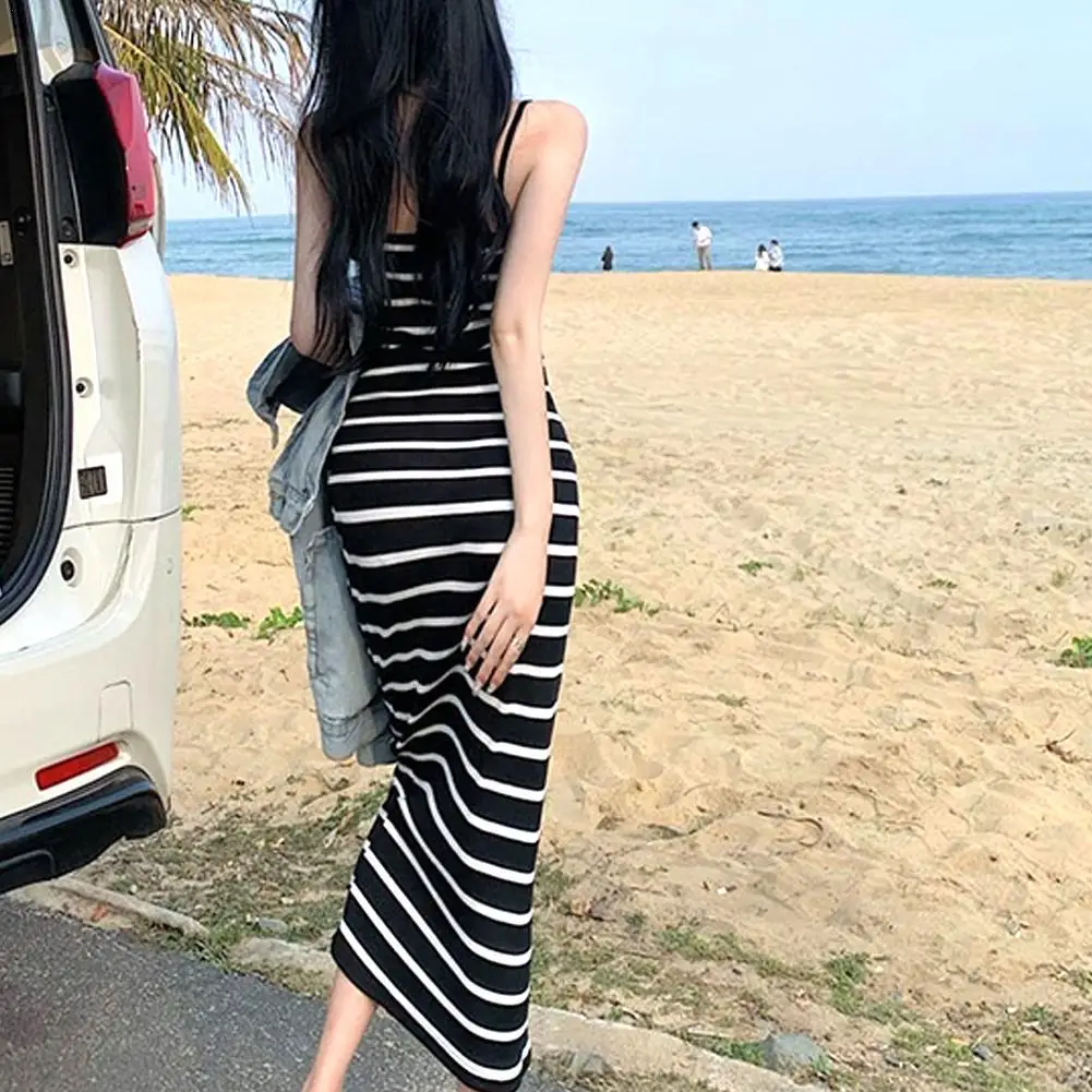 

Summer Striped Beach Dress Sexy Backless Pleated Dresses Sleeveless Striped Print Slim Dress Buttock Wrap Sexy Suspender Dress