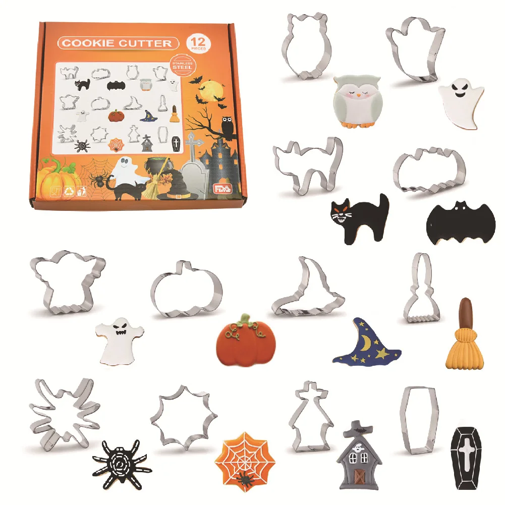 12pcs/Set Halloween 3D Biscuits Cutter Molds Stainless Steel Cookie Fondant-Cookie Stencils Cake Decoration Tools For Baking