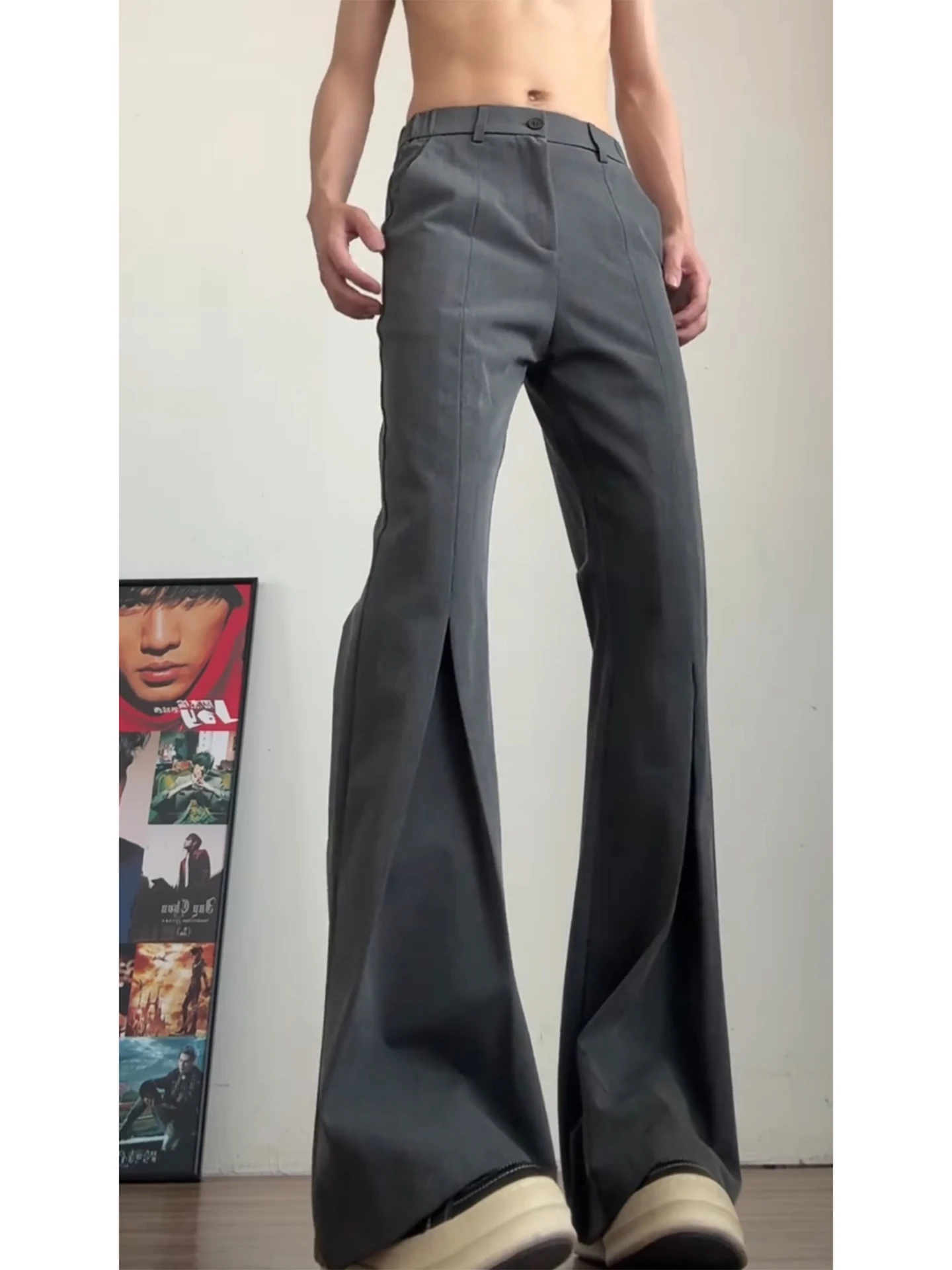 

Серые плиссированные мужские брюки A-силуэта Slim Fit: весенние, элегантные, премиум-класса, с легким клешем, повседневные, молодежные, популярные