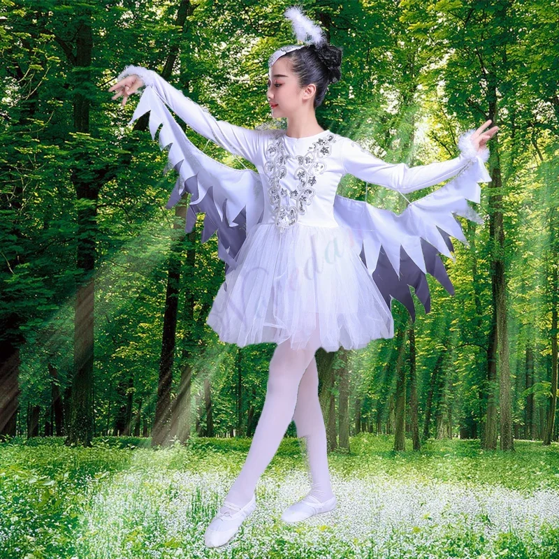 Bambini White Swan Ballet Dance Costumes Modern Dance Animal Costumes Fantasia Halloween Birds abbigliamento con ali d'angelo