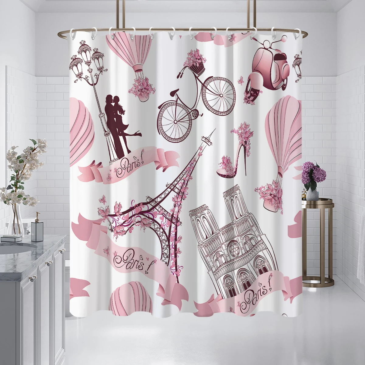 1 piece of 180x180cm pink Paris Tower pattern printed shower curtain partition bathroom waterproof and mildew proof