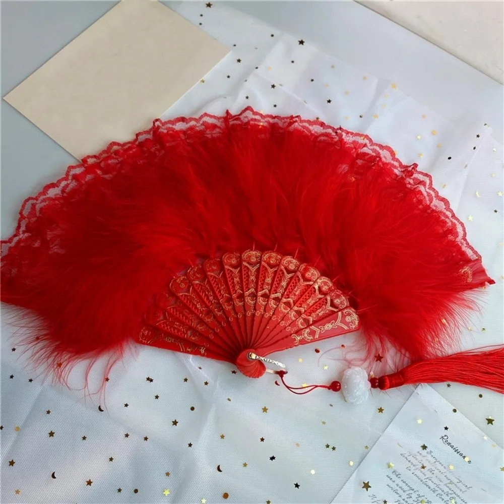 Chinese Ancient Style Foldable Cheongsam Hand Fan with Plastic Fan Bone 9 Colors Fur Women's Fashion Show Fan