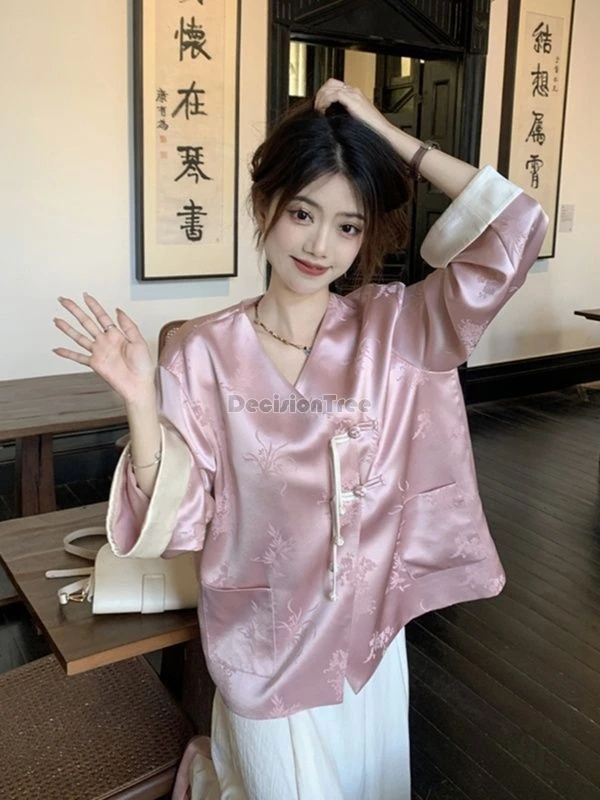 

2024 new retro chinese style tang suit top v-neck bilateral pockets button coat zen tea temperament exquisite printing lady top