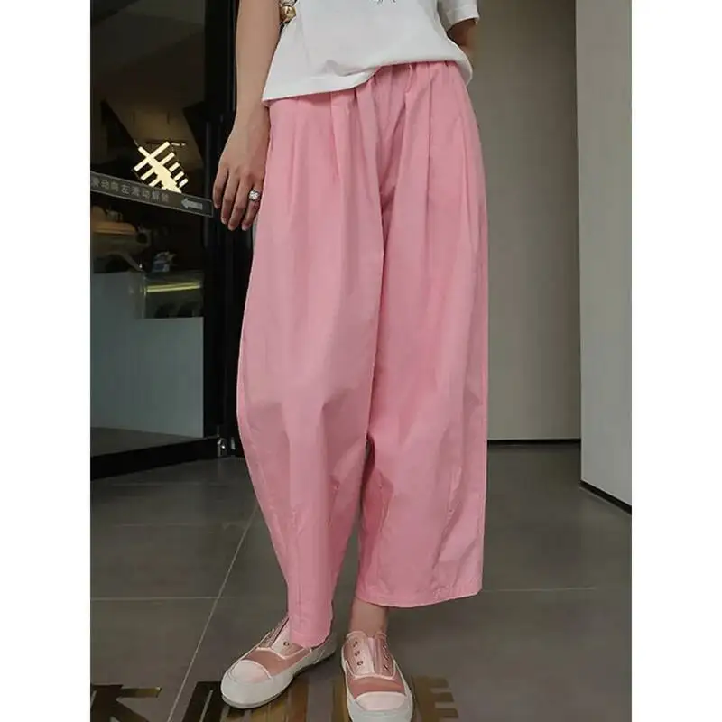 

Women Pure Cotton Balloon Pants Spring Summer Elastic Waist Loose Pocket Casual Cropped Pants