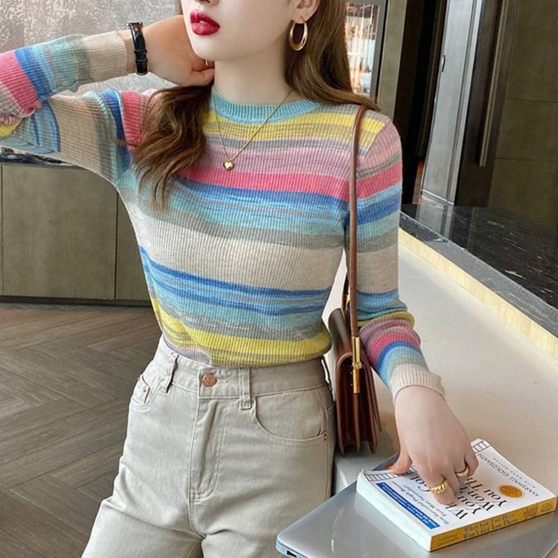 Women Autumn Long Sleeve O-Neck Sweater Ribbed Knitted Rainbow Colorful Striped Slim Fitted Basic Bottoming Shirts Top