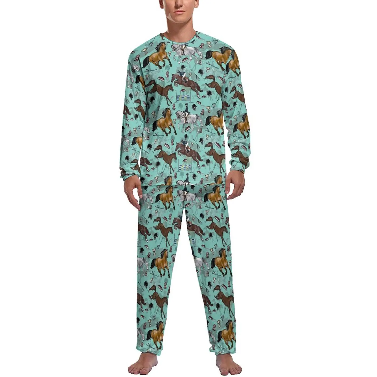 Equestrian Horse Pajamas Spring Retro Print Room Sleepwear Male Two Piece Custom Long Sleeve Fashion Pajamas Set