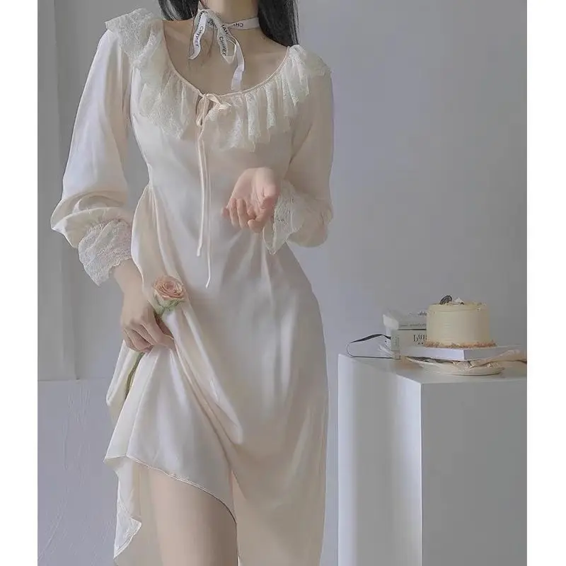 Sexy Sweet Female Long Nightdress Sleepwear Elegant Fairy Retro Palace Style Nightgown Home Dress Casual Thin Satin Loungewear