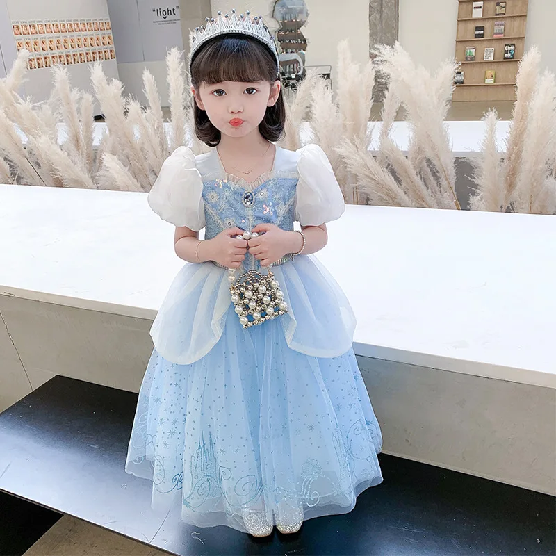 

Girls Princess Gown Puff Sleeve Glitter Tulle Castle Embroidery Dress Birthday Christmas