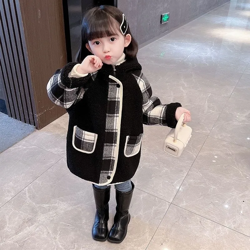 Girls' Winter Coat 2025 New Toddler Kids Heavyweight Checkered Wool Blend Hooded Lamb Fur Jacket