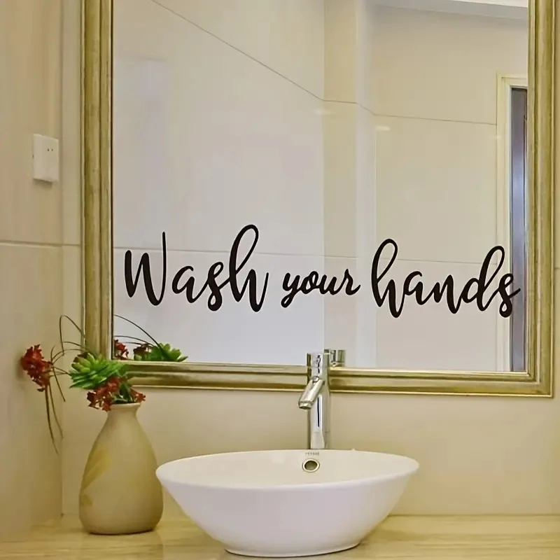 1pc English Slogan Mirror StickerWash Your Hands,Removable Waterproof Vinyl Waterproof Sticker,Suitable For Decoration On Mirror