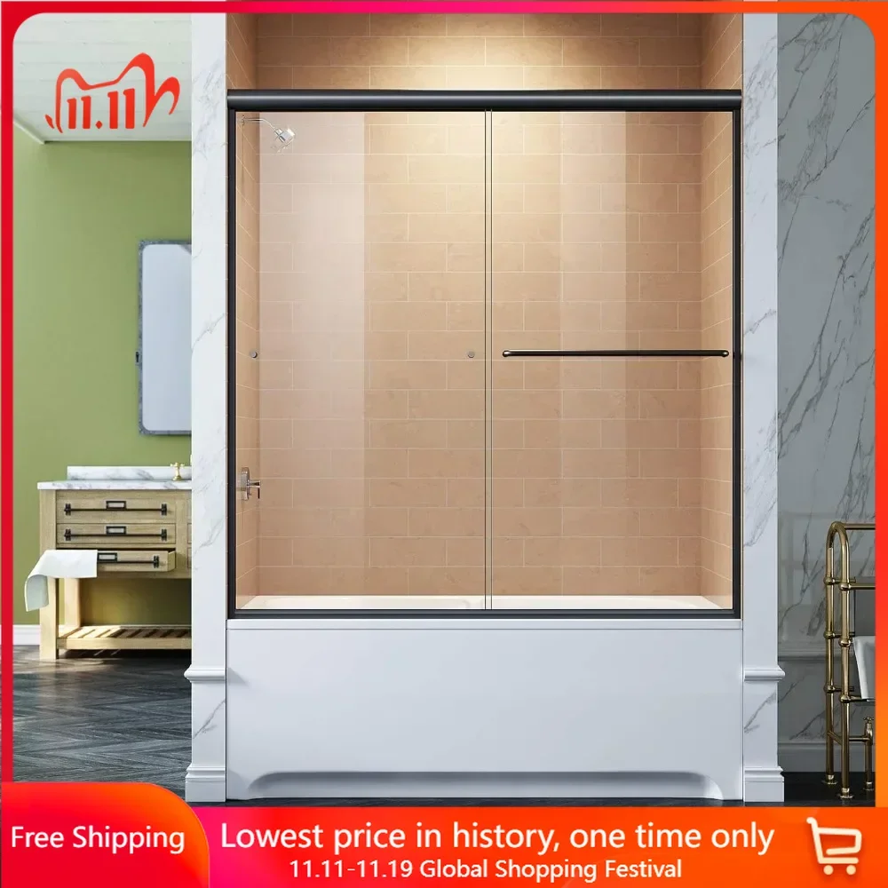 

60x62 Inch Shower Doors, Aluminum Long Towel Bar Rail, Black Hardware, Clear Tempered Glass, Semi Frameless Sliding Shower Doors