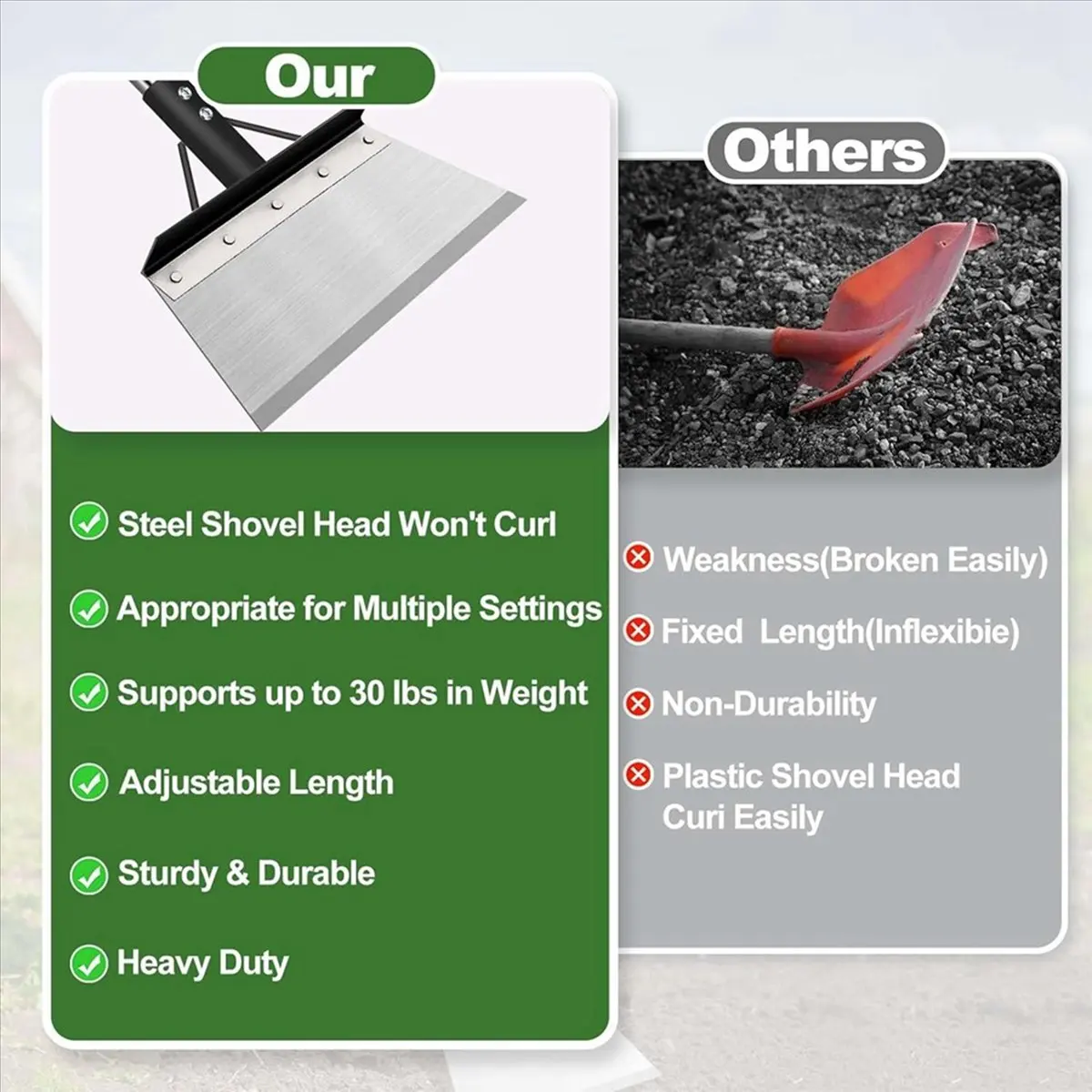 A08I Garden Cleaning Shovel, Heavy Duty Steel Flat Shovel with 165cm Adjustable Handle, Floor Scrapers, Outdoor Spade Tool