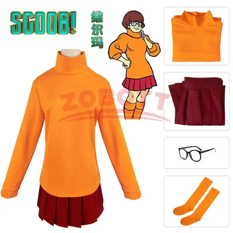 Kostum Cosplay Seragam Anime Velma Rok Pendek Seragam Wanita Kaus Kaki Atasan Rok Kostum Karnaval Pesta Halloween ob;8