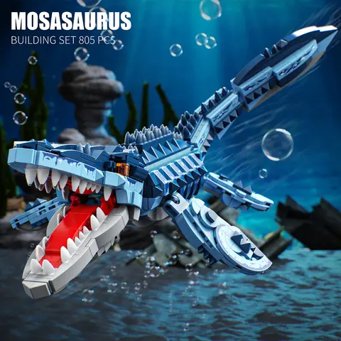 805PCS Blue Dinosaur Building Blocks Toys Model Mosasaurus Dinosaur Assemble Puzzle Bricks Toy Sets For Kid Ornament Gifts