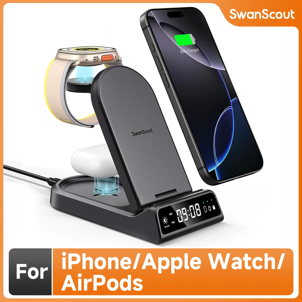 SwanScout 702A Portable Wireless Charging Station for iPhone 16 15 14 13 12 11 Charger for Apple Watch Ultra 2 9 8 for Airpods 4