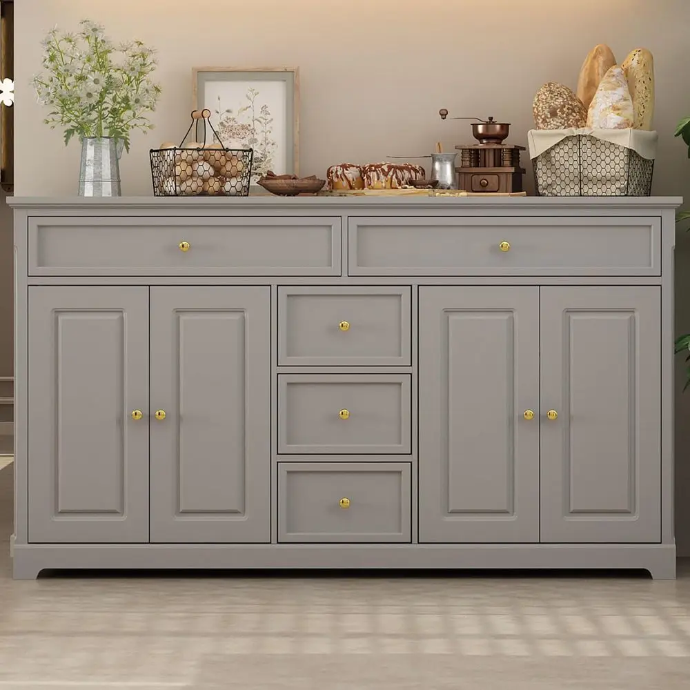 Grey Kitchen Sideboard with 5 Drawers & 4 Doors, Dining Room Storage Cabinet for Bar & Wine