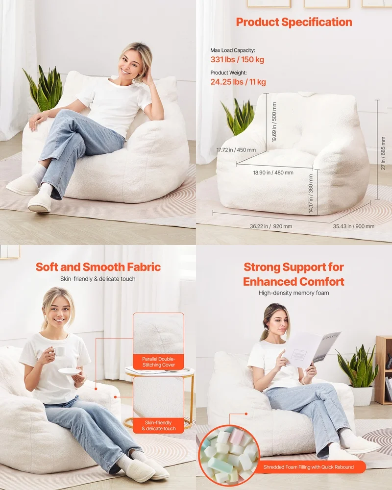 

Living room sofas3 feet Bean Bag Chair with Armrests and Storage Pocket Extra Soft Lazy Sofa for Adults White Comfortable Floor