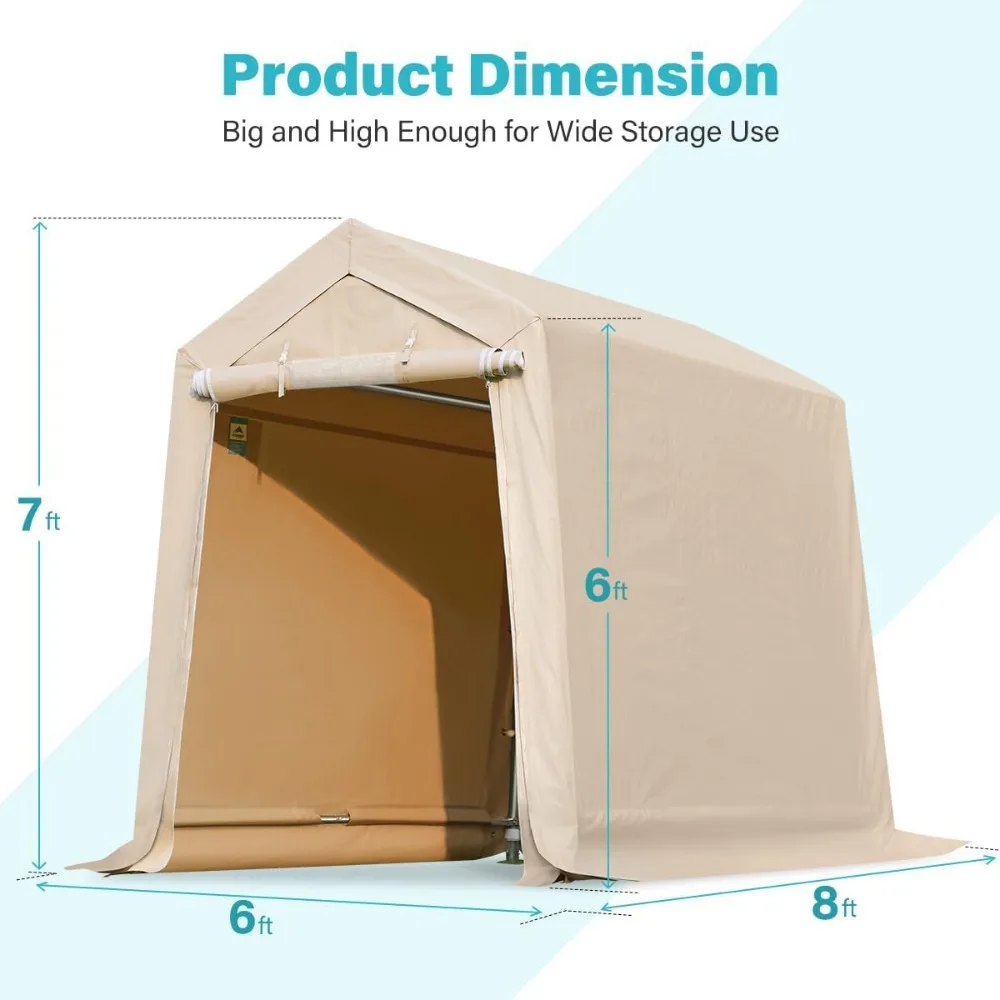 Imagem -06 - Abrigo de Armazenamento Portátil ao ar Livre Shed com Enrolados Zipper Portas e Aberturas Carports Impermeável e Resistente Aos Raios uv 6x8 Pés