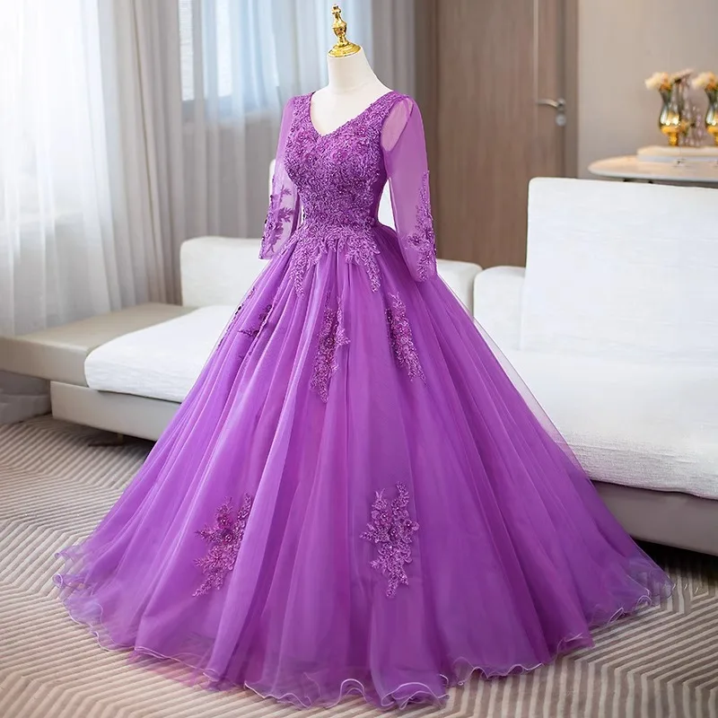 Vestido de baile roxo personalizado, vestidos quinceanera, apliques de tule, baile, festa de aniversário, ocasião formal