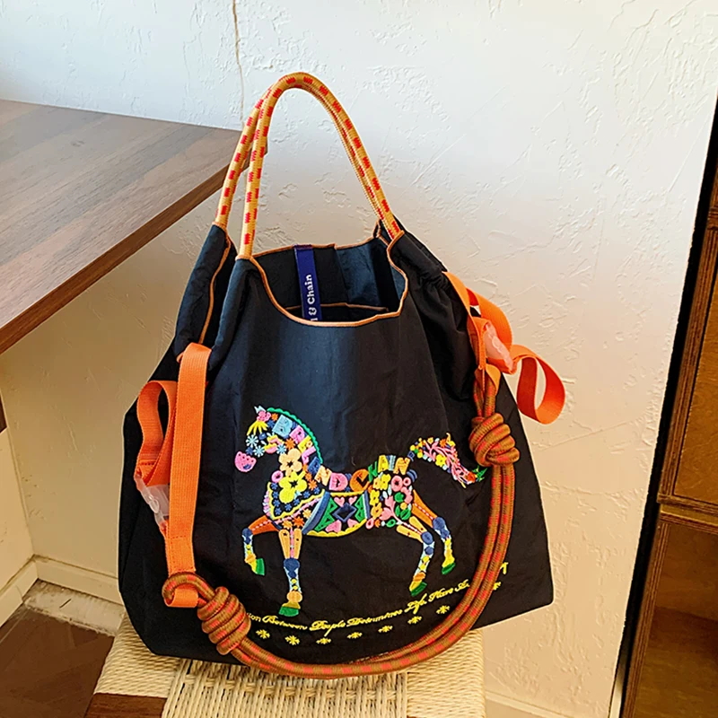 Bohemian Colorful Horse Embroidery Nylon Tote Bag, Artistic Large Capacity Shoulder Bag, Ball Chain Casual Crossbody Woman Bag
