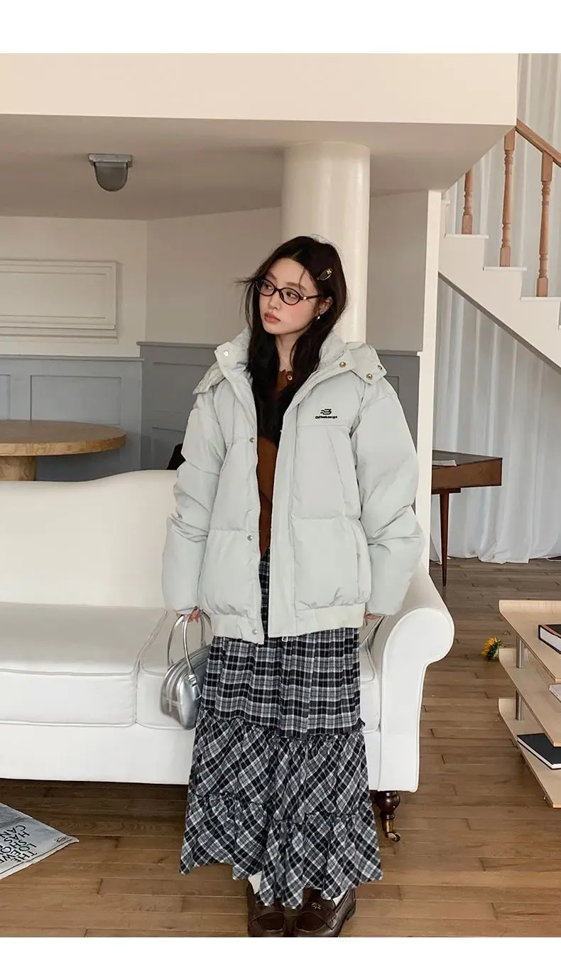 Korean Style Thickened Puffer Jacket for Women Loose Fit Warm Padded Coat Students Winter Solid Color All Match Hooded Parkas