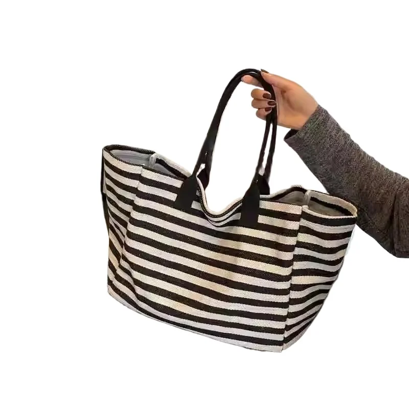 Large Capacity Canvas Tote Bag for Women, New Striped Shoulder Bag for Commute & Travel, Daily Handbag for Mommy view 6