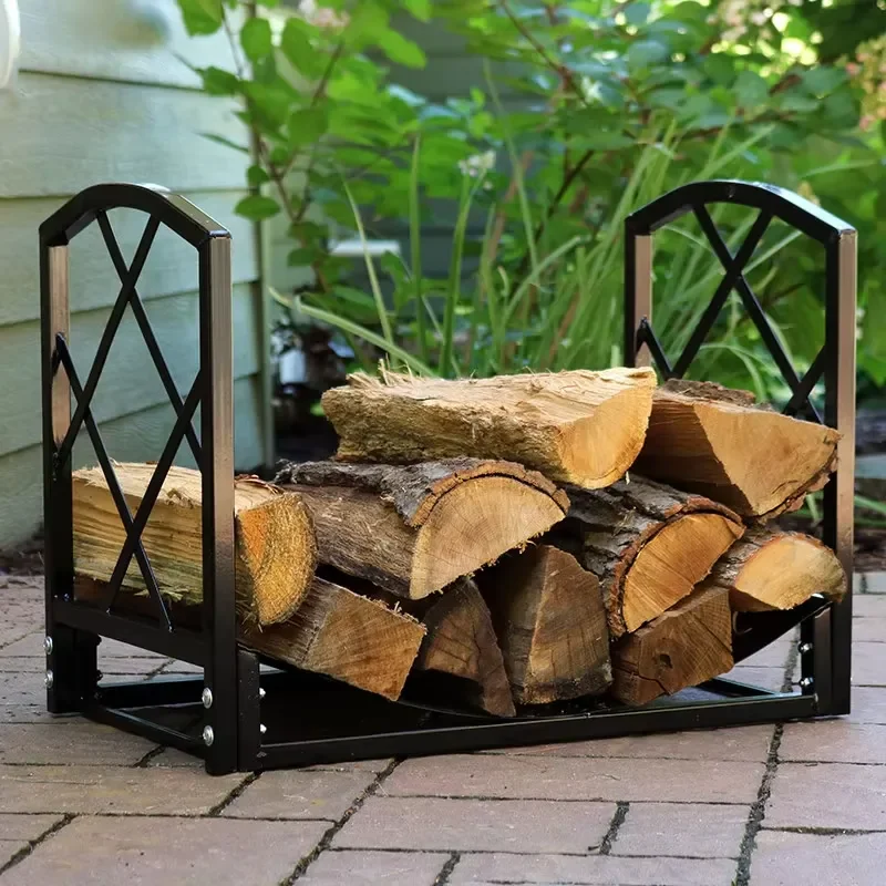 American Black Wrought Iron Floor Standing Log Storage Rack With Partition Decorative Wood Display Shelf for Home Living Room