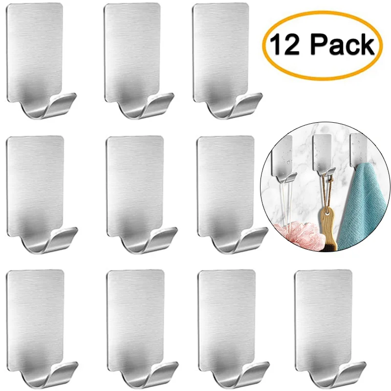 12/6/1PCS Adhesive Stainless Steel Towel Hooks Towel Racks Wall Hooks for Kitchen Bathroom Self-Adhesive Stainless Steel Hook