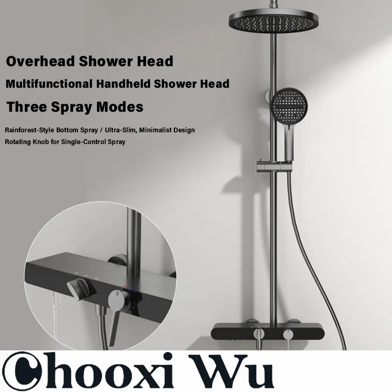 All-Copper Shower Head Set with Gunmetal-Gray Brushed Gold Knobs, Hot/Cold Shower Set, and 304 Large Shelf Shower