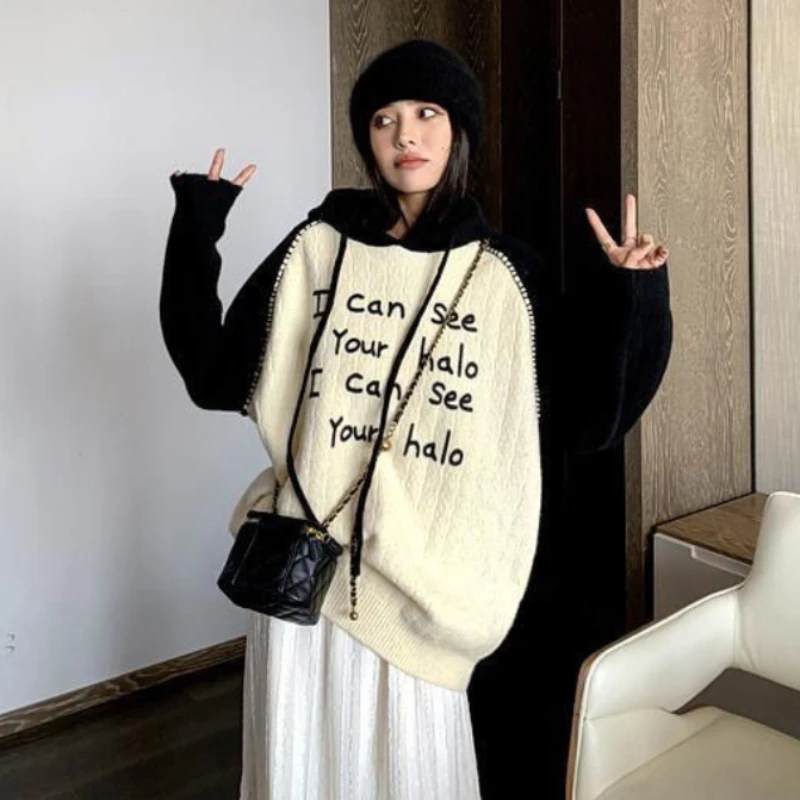 Lazy Style Oversized Sweaters Hooped Contrast Color Letter Jacquard Pullovers Casual Loose Y2k Harajuku Vintage Women's Clothing