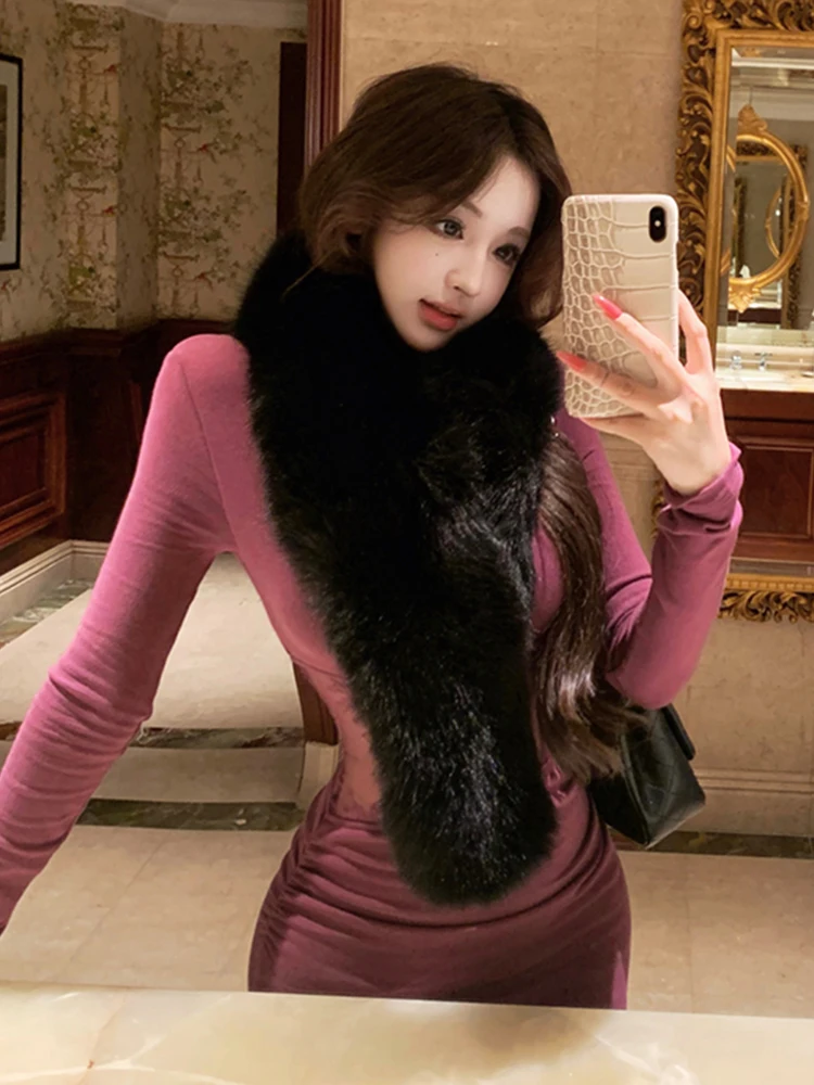 REDDACHiC-vestido calado de encaje para mujer y bufanda de piel sintética, tejido de manga larga con cuello vuelto, vestido largo ajustado, ropa Sexy de otoño